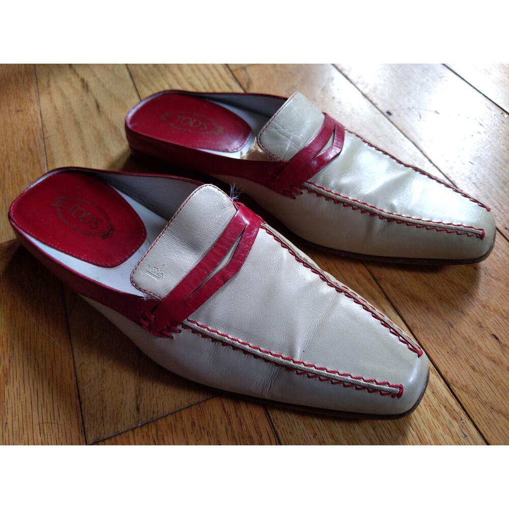 Tod's Cream Red Leather Mules Slides Italian Designer Size 5 Made in Italy